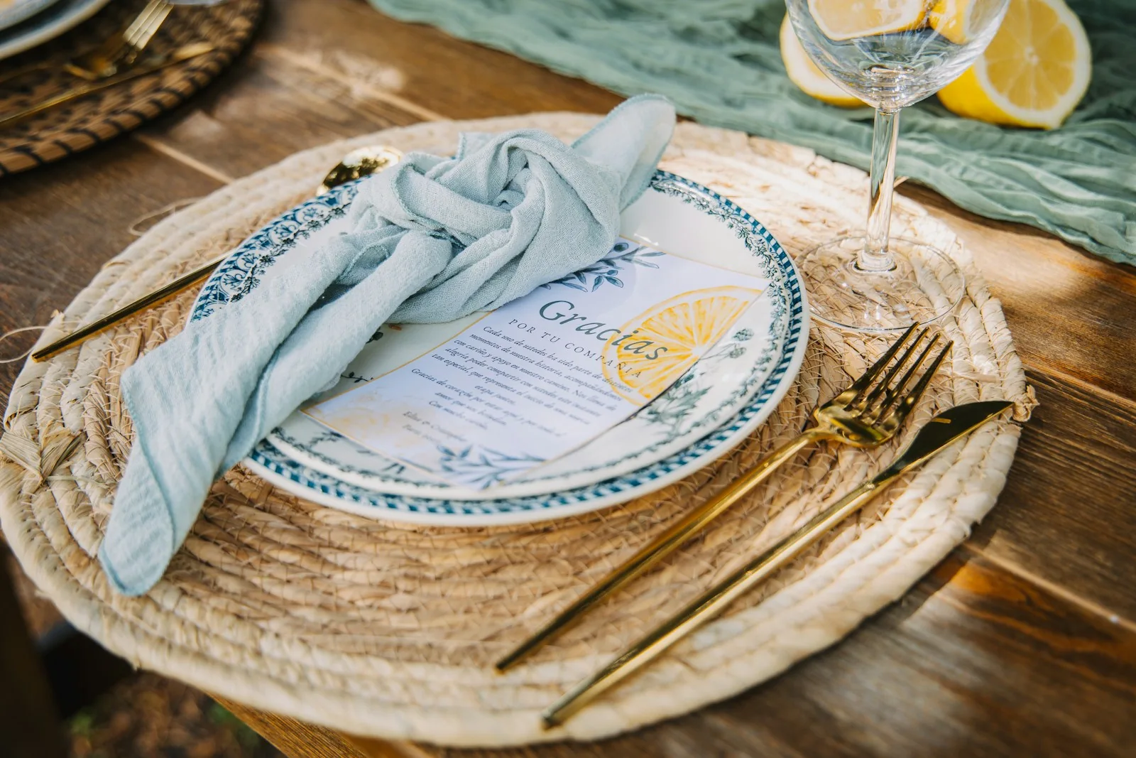 Place setting with a folded cloth napkin and cutlery